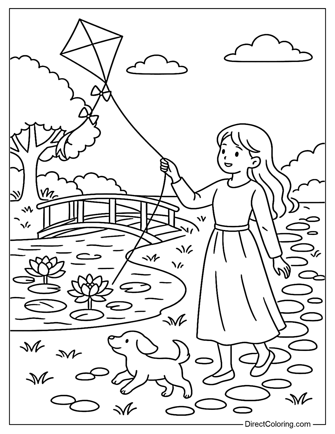 Kite flying coloring page in a quiet garden, with lotus pond, wooden bridge, and white rocks